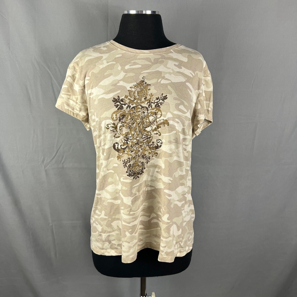 Lee T Shirt Women Large Multicolor Camouflage Ornate Graphic Cap Sleeve Everyday